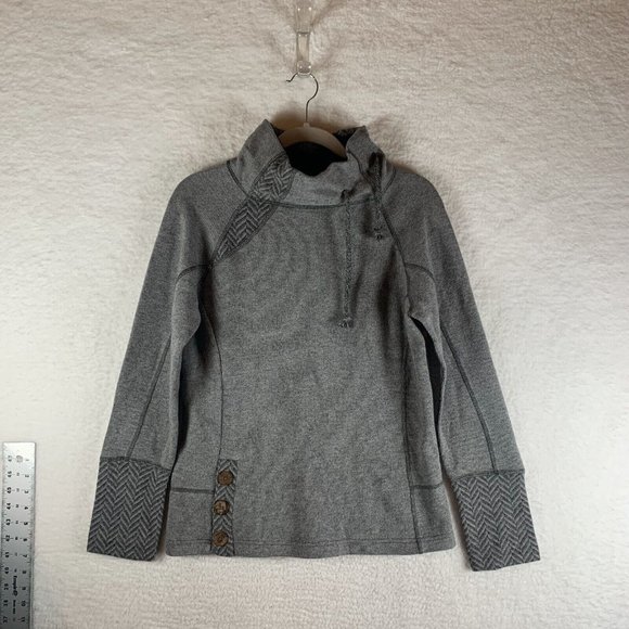 prAna Sweater Women's Medium Gray Wool Knit Button Hem Drawstring Mock Neck 7616 - Picture 1 of 7